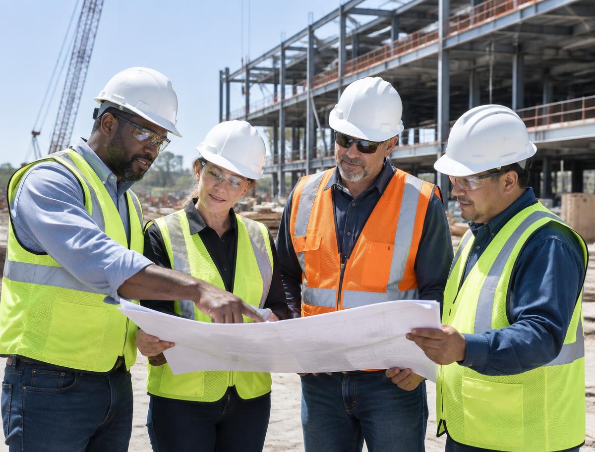 Construction team reviewing project plans