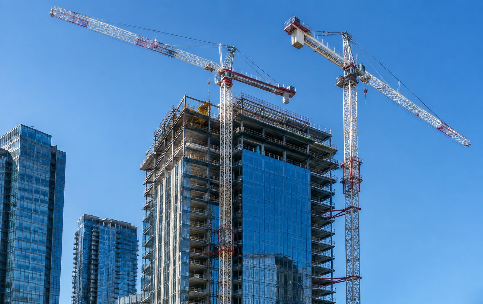 Commercial high-rise construction with tower cranes against a city skyline