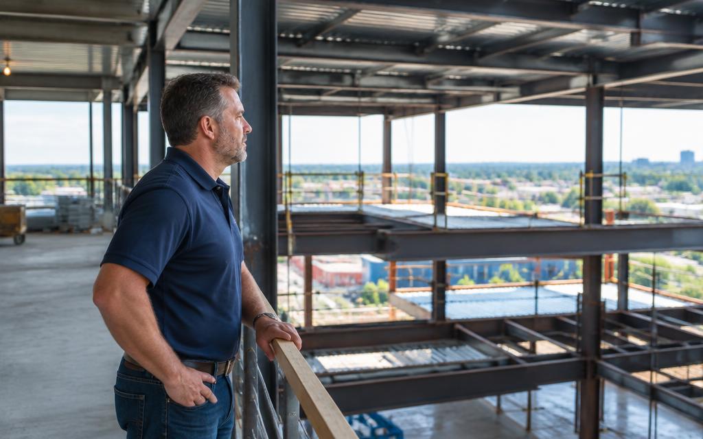 Construction superintendent reviewing structural steel framing inside a commercial building