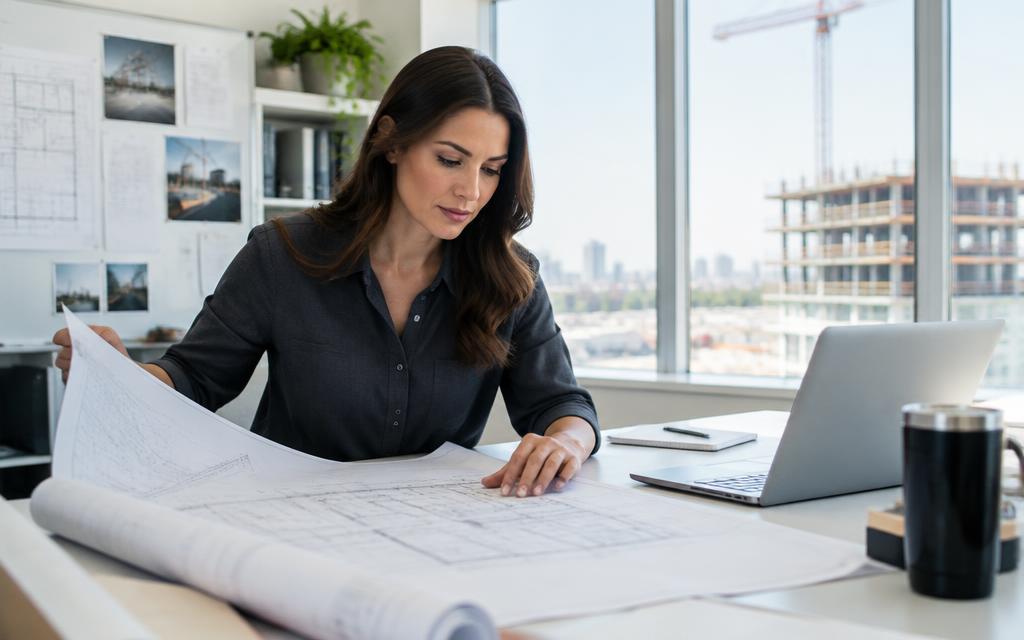 Construction project manager reviewing architectural plans in a contractor office