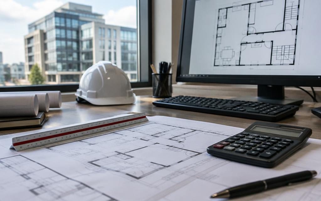 Construction estimating desk with plans, ruler, calculator and floor plan monitor