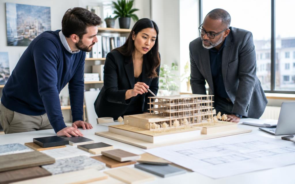 Preconstruction team discussing a scale building model and material samples