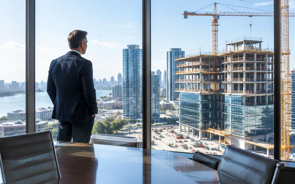 Construction project executive overlooking a commercial development from a conference room