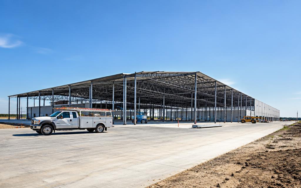 Industrial distribution facility under construction with steel framing and a service truck