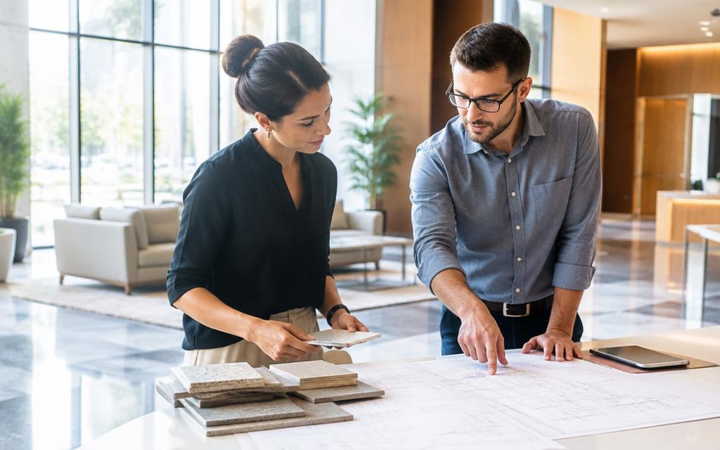 Assistant project manager coordinating drawings and material samples with a colleague