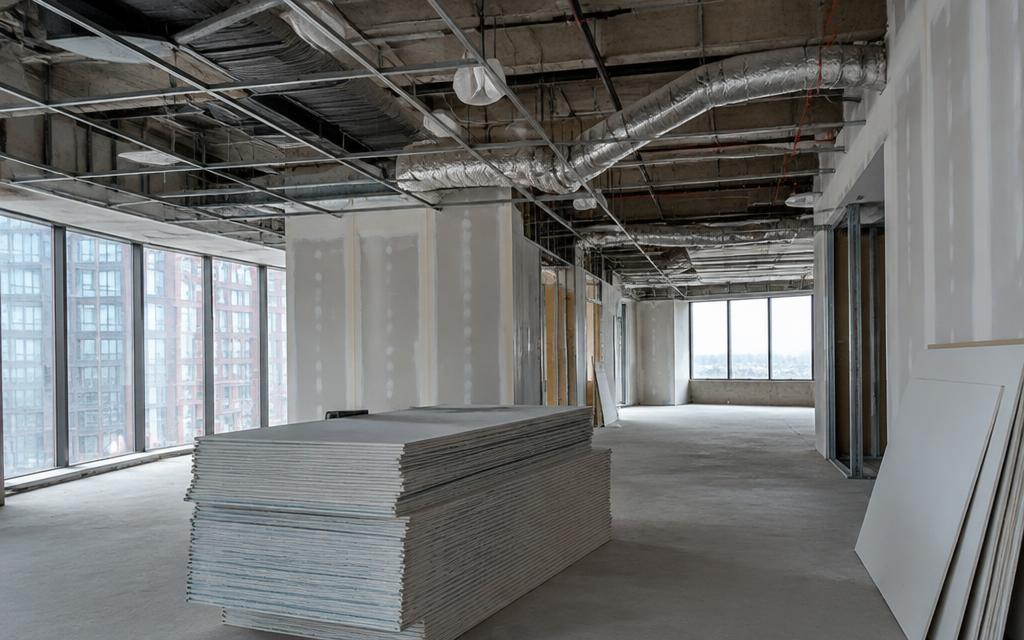 Unfinished commercial interior with exposed ceiling services and stacked drywall