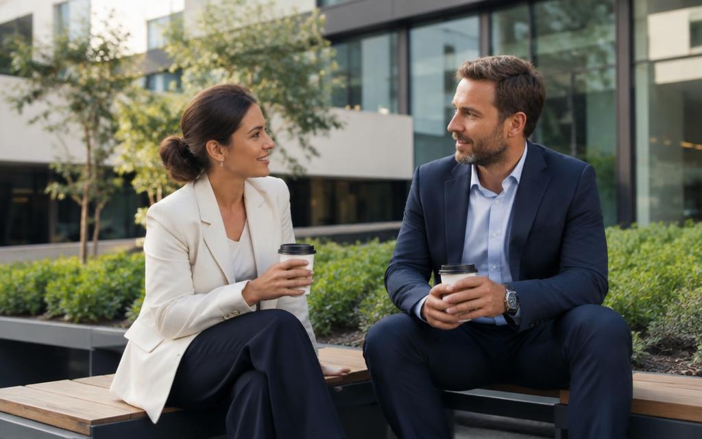 Construction professionals networking over coffee in a commercial courtyard