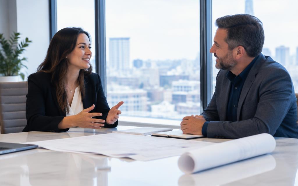 Construction business owner discussing a hiring brief with a recruiter
