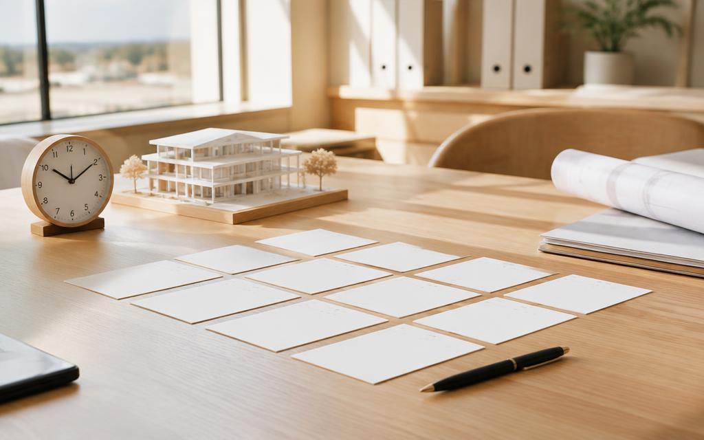 Construction hiring planning desk with an analog clock and architectural model