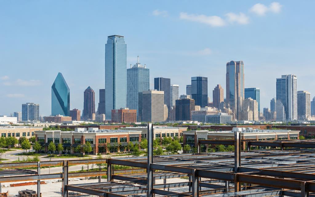 Dallas skyline above a commercial development and steel building framing