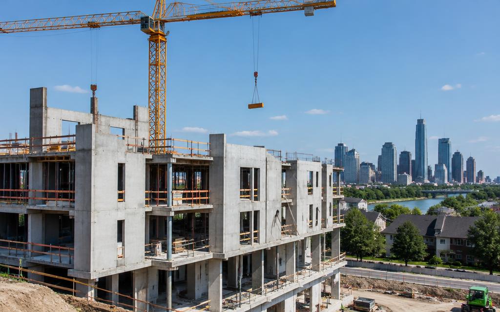 Texas commercial construction project with concrete panels and a tower crane