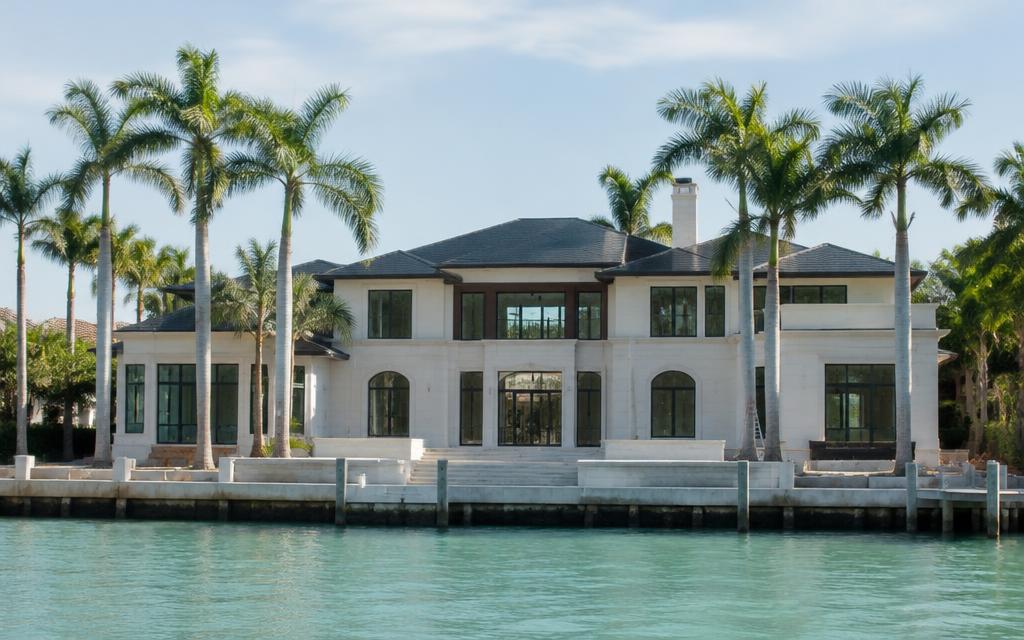 Florida waterfront luxury custom home with limestone facade and palm trees