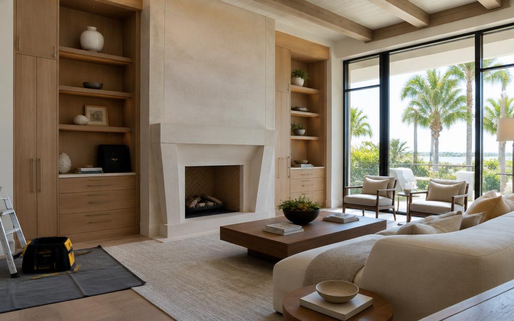 Florida luxury home interior with bespoke cabinetry and a stone fireplace