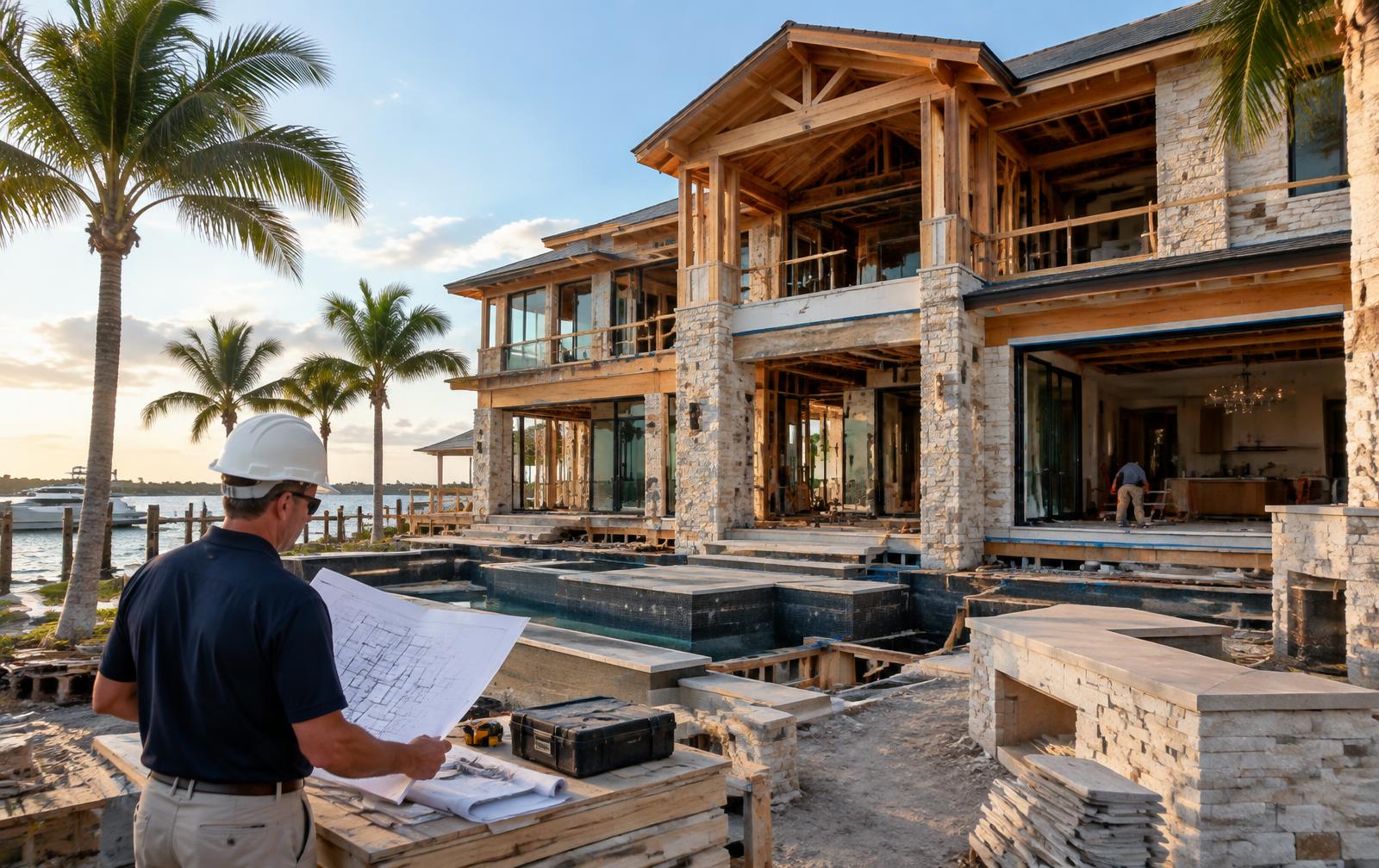 Luxury waterfront custom home under construction in Florida with stone facade and timber framing
