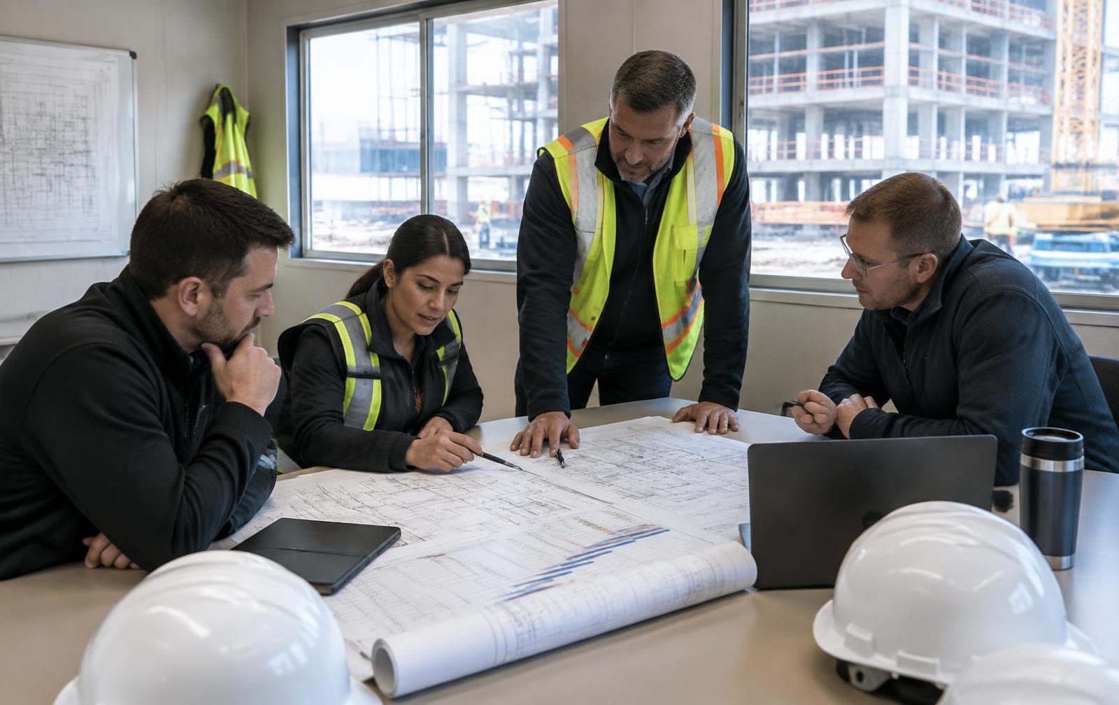 Construction leadership team reviewing project schedules in a jobsite trailer office