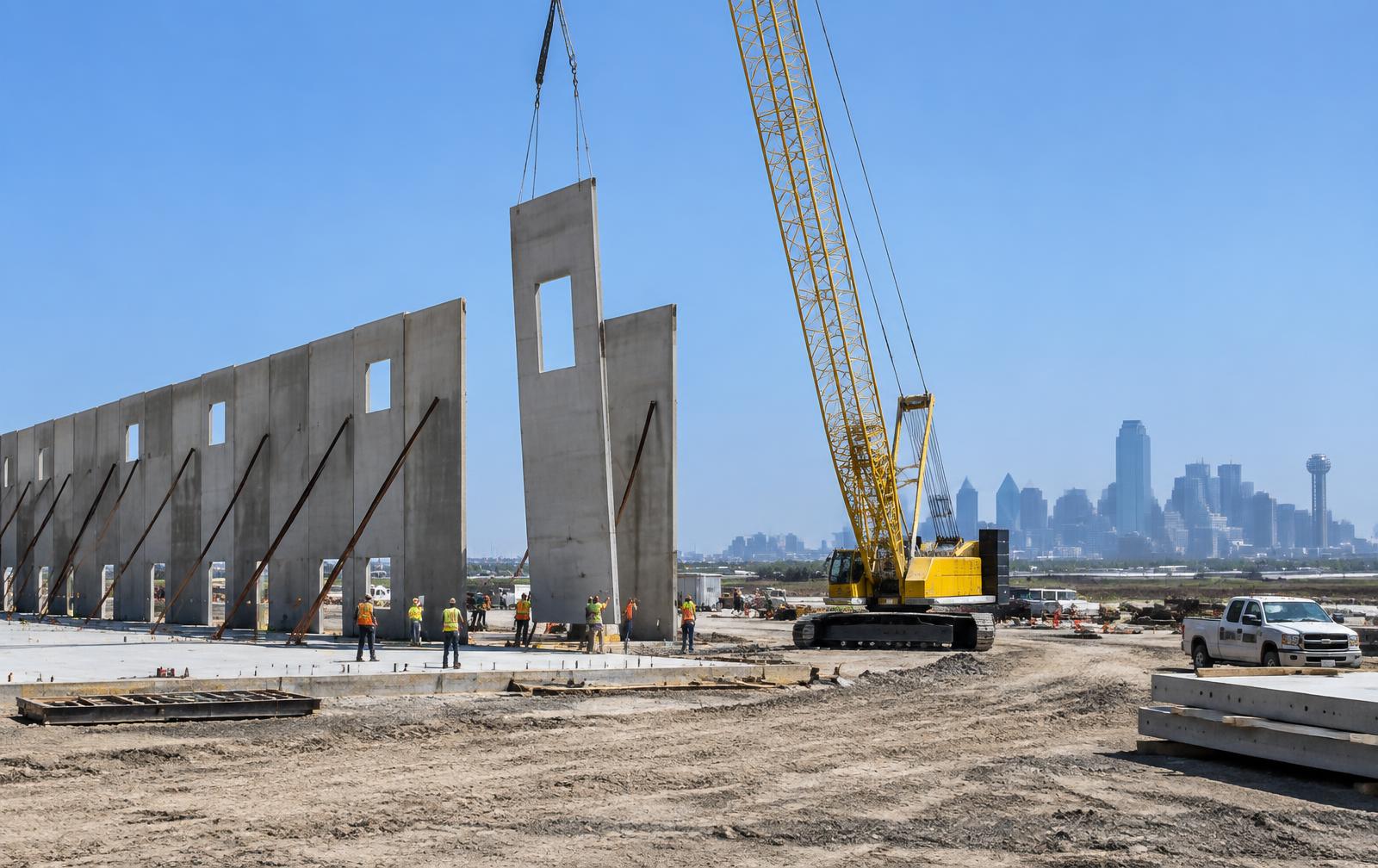 Tilt-wall concrete panels being lifted into place on a Texas commercial construction site