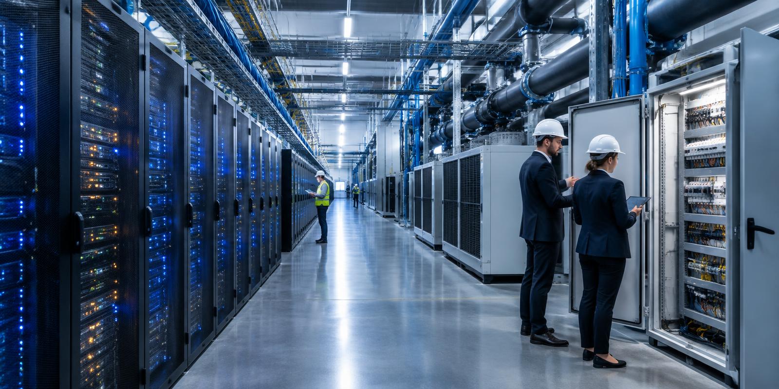 Engineers commissioning critical power and cooling systems inside a modern data center