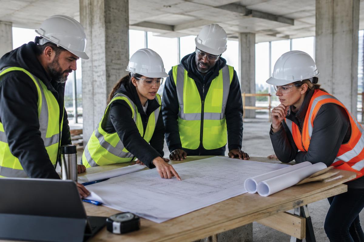 Construction project team collaborating over plans