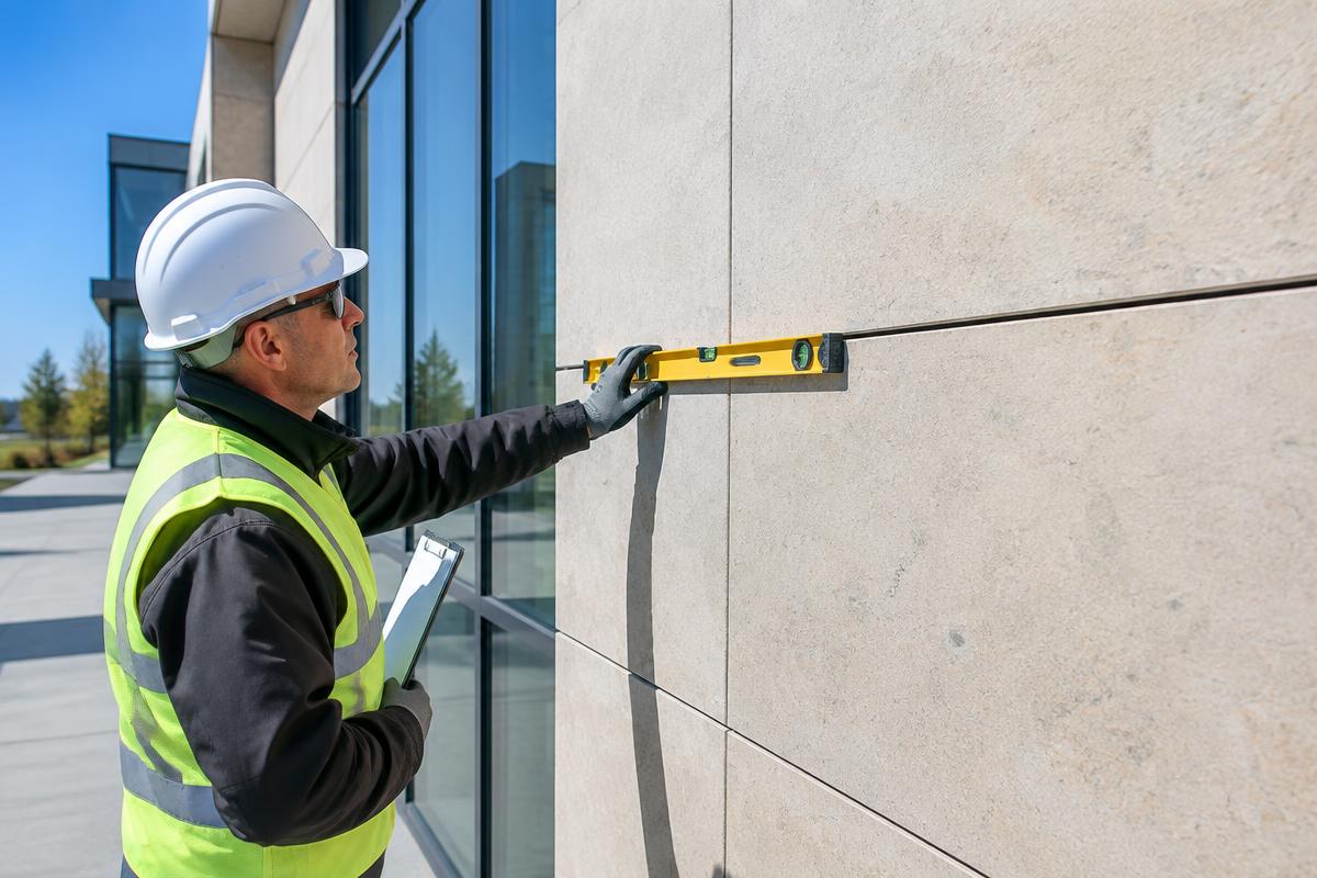 Superintendent inspecting a completed building facade