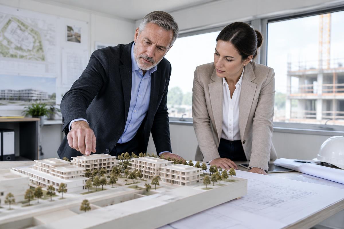 Construction leaders reviewing a building model